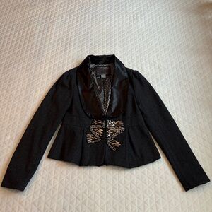 BKE Wool Blend Blazer Jacket Women’s M Gray Black Satin Shawl Collar Embellished